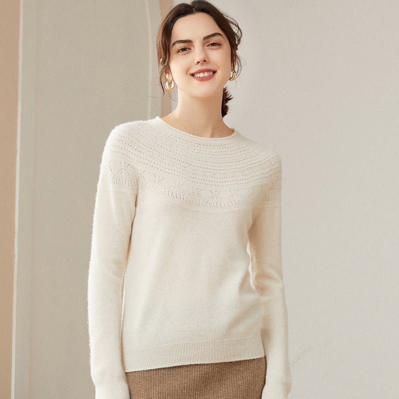 Women's 100% Superfine Cashmere Hollow-out knit Crewneck Sweater - slipintosoft