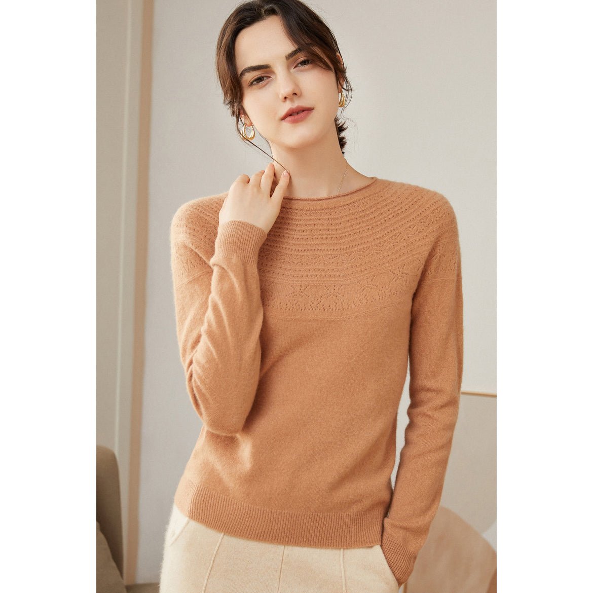 Women's 100% Superfine Cashmere Hollow-out knit Crewneck Sweater - slipintosoft