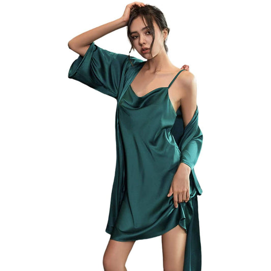 Women Two Pieces Silk Nightgown Robe Set - slipintosoft