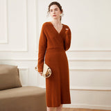 Women's A Line Cashmere Dress Long Sleeves Wrap Cashmere Dress - slipintosoft