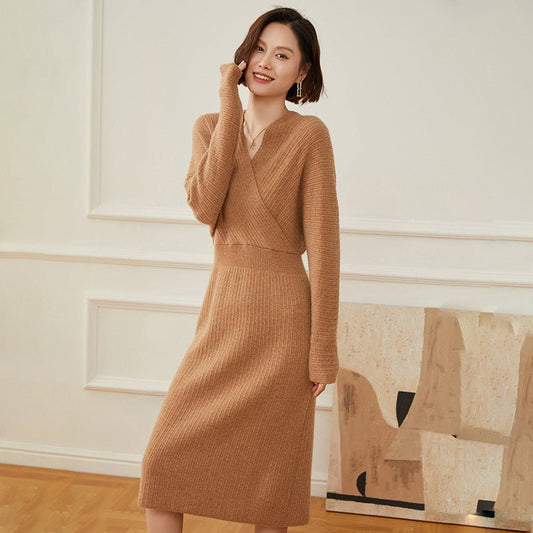 Women's A Line Cashmere Dress Rib-Knit Wrap Sweater Dresses - slipintosoft