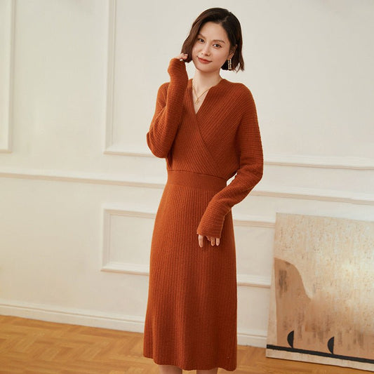 Women's A Line Cashmere Dress Rib-Knit Wrap Sweater Dresses - slipintosoft