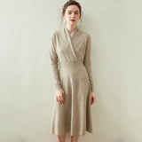 Women's A Line Cashmere Wrap Dress Tea Length Solid Cashmere Sweater Dresses Women Cashmere Dress