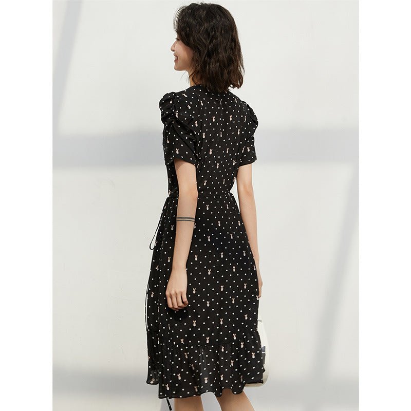Womens Black Silk Polka Dot V Neck Dress Ruffle Hem Short Silk Dress