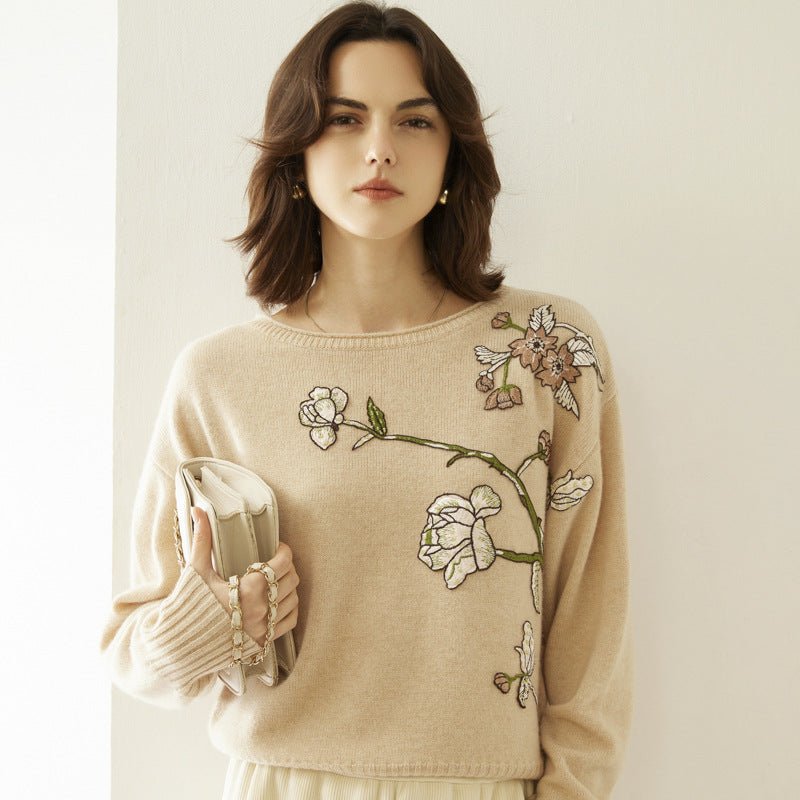 Womens Boat Neck Cashmere Sweater Embroidery Flowers Cashmere Pullover Wool Cashmere Sweater