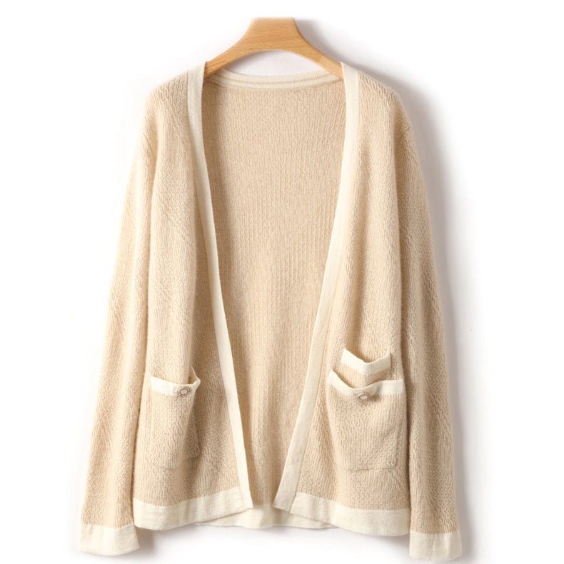 Women's Cable-Knit 100% Cashmere Long Sleeves Colorblock Cardigan - slipintosoft