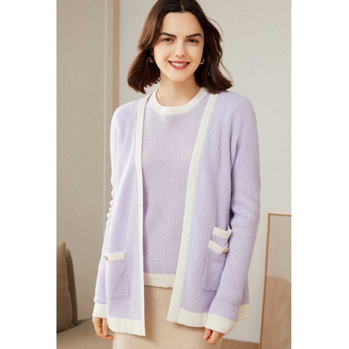 Women's Cable-Knit 100% Cashmere Long Sleeves Colorblock Cardigan - slipintosoft