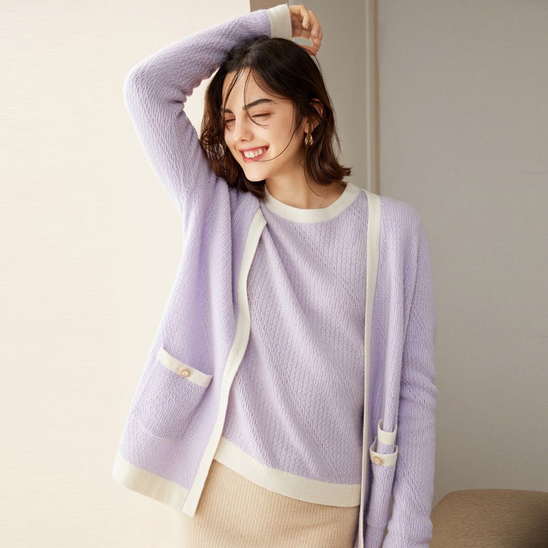 Women's Cable-Knit 100% Cashmere Long Sleeves Colorblock Cardigan - slipintosoft