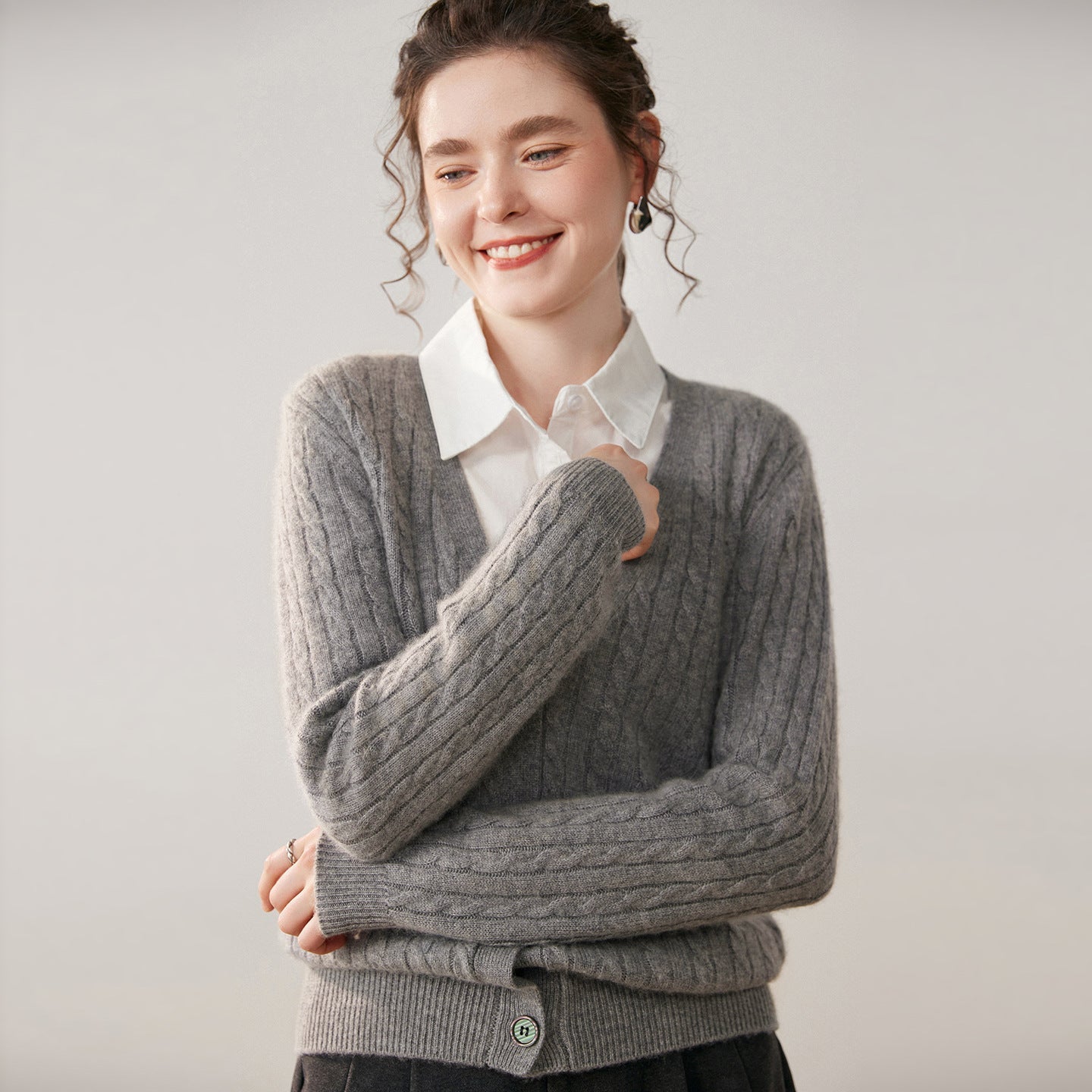 Womens Cable Knit Cashmere Cardigan Deep V Neck Cashmere Sweater Gray XS