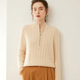 Womens Cable Knit Cashmere Sweater Half Zip Mock Neck Cashmere Pullover Beige XS