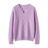 Womens Cable Knit Cashmere Sweater V Neck Ribbed Cashmere Pullover Jumper Purple XS
