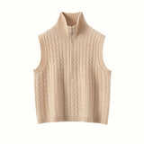 Womens Cable Knit Cashmere Vest Zip Mock Neck Cashmere Sweater Vest Beige XS