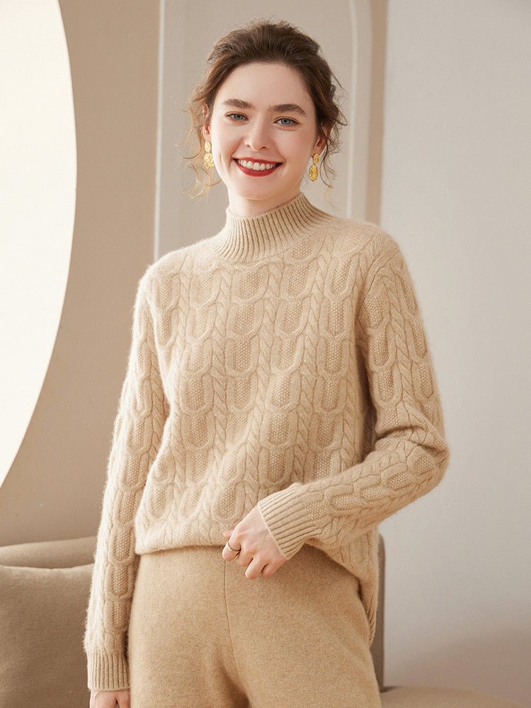 Womens Cable Knitted Cashmere Sweater Half Turtleneck Solid Cashmere Blouses - slipintosoft