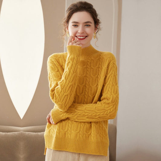 Womens Cable Knitted Cashmere Sweater Half Turtleneck Solid Cashmere Blouses - slipintosoft