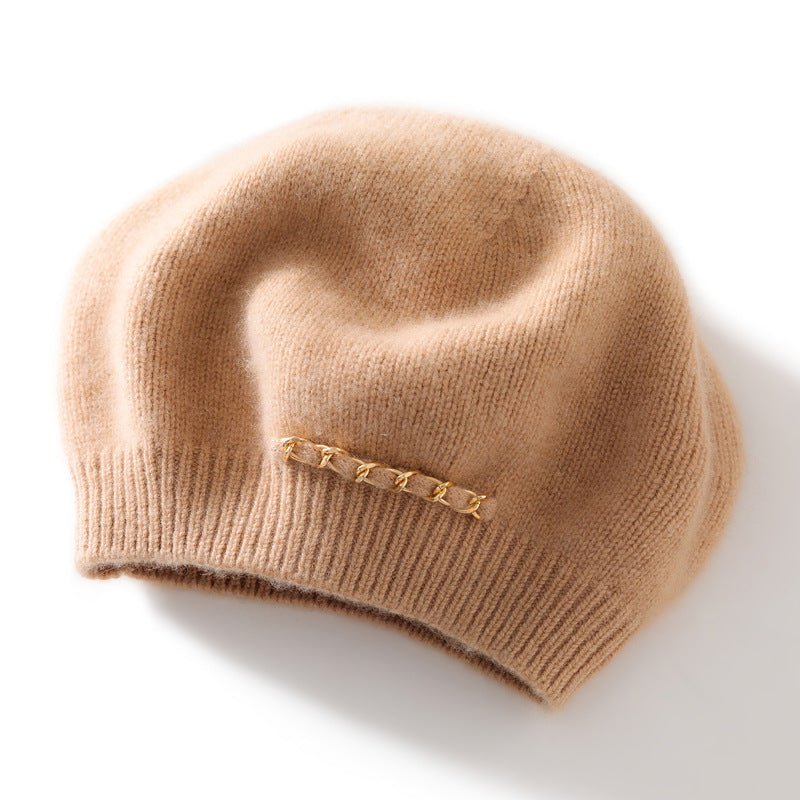 Womens Cashmere Beret Double Layer Chain Cashmere Hat Ladies Cashmere Beanie Cashmere Hats