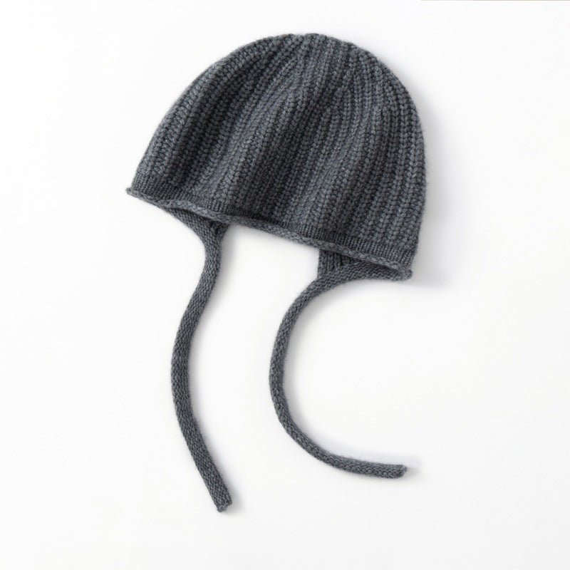Womens Cashmere Bonnet Hat with Ties Winter Earflap Cashmere Knit Beanie