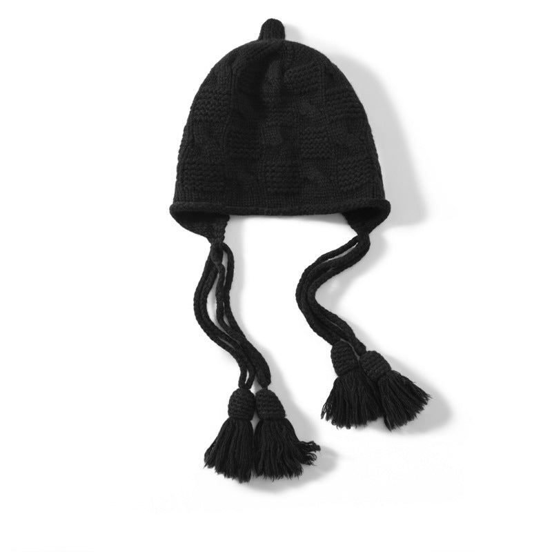 Womens Cashmere Hat Earflap Cashmere Beanie Cable Knit Tassel Hat