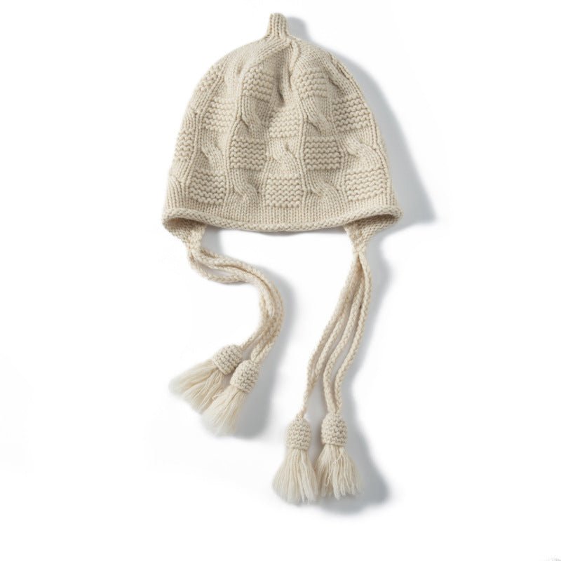 Womens Cashmere Hat Earflap Cashmere Beanie Cable Knit Tassel Hat