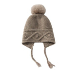 Womens Cashmere Hat with Pom Earflap Cashmere Beanie with Braided Ties