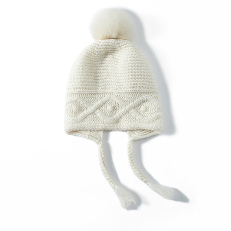 Womens Cashmere Hat with Pom Earflap Cashmere Beanie with Braided Ties