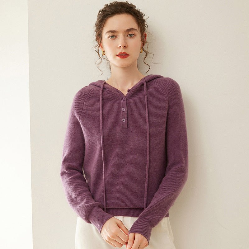 Womens Cashmere Hoodie Sweater Button Neck Cashmere Knit Pullover Purple XS
