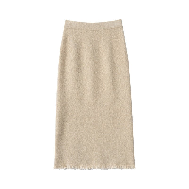 Women's Cashmere Midi Skirt with Tassels High Waist Solid Cashmere Dresses - slipintosoft