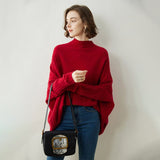 Womens Cashmere Poncho Sweater with Sleeves Ribbed Mock Neck Cashmere Cloak Claret One Size