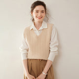 Womens Cashmere Sweater Cashmere Vest V Neck Cable Knit Sleeveless Pullover Beige XS