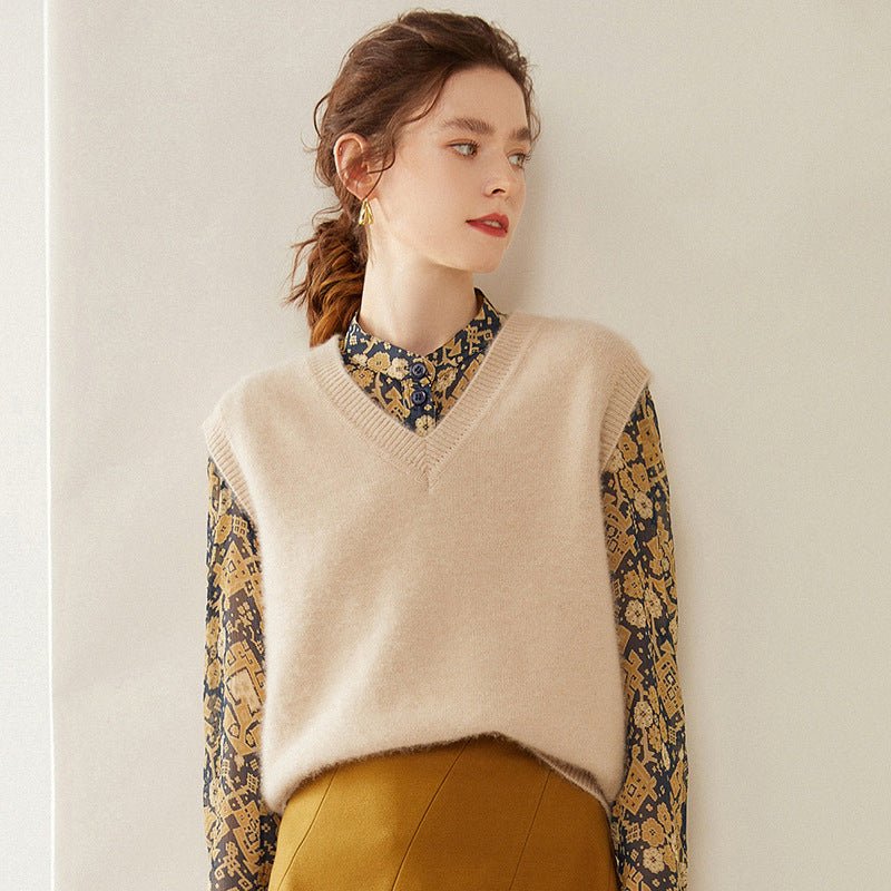 Womens Cashmere Sweater Vest Sleeveless Cashmere Knit Pullover Rib Hem Beige XS