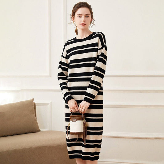 Women's Classic Striped Cashmere Dresses Crewneck Colorful Cashmere Dress - slipintosoft