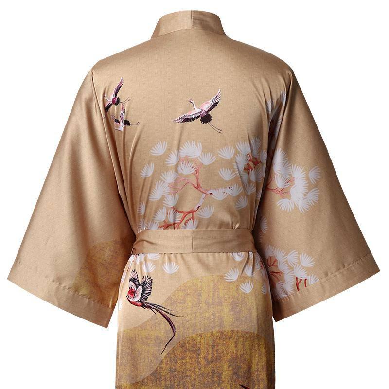 Women's Long Silk Kimono Robe with Belt Cranes Prints Landscape Painting Classic Both Robe - slipintosoft