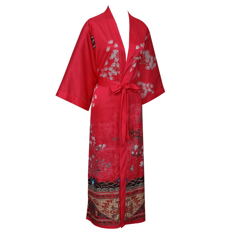 Women's Long Silk Kimono Robe with Belt Cranes Prints Landscape Painting Classic Both Robe - slipintosoft