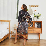 Women's Cranes Print Silk Kimono Robe Blossoms Silk Robe Black One size fits most