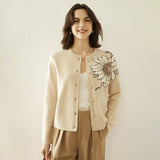 Womens Crew Neck Cashmere Cardigans Elegant Embroidery Sunflower Cashmere Coat Wool Cashmere Sweater