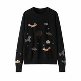 Womens Crew Neck Cashmere Sweater Embroidery Animals Cashmere Blouse Pullover Pure Cashmere Sweater