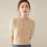 Womens Crew Neck Cashmere Sweater Short Sleeve Textured Cashmere Knit Top Beige XS