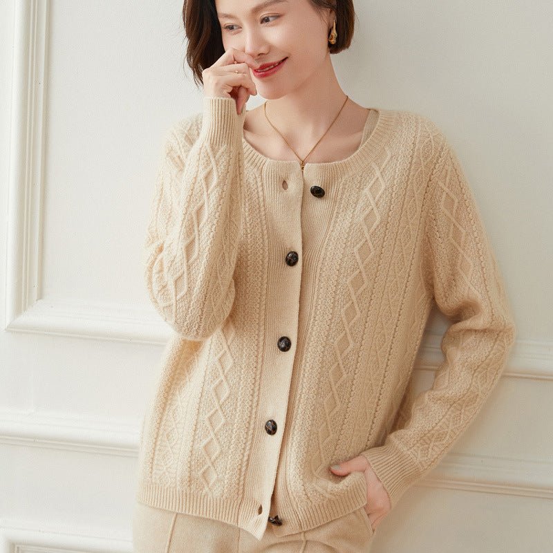 Women's Crewneck Cashmere Cardigans Cable-Knit Cashmere Sweater - slipintosoft