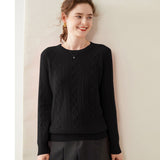 Womens Diamond Knit Cashmere Sweater Long Sleeve Crew Neck Cashmere Pullover Black XS