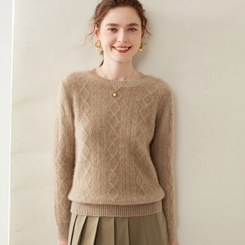 Womens Diamond Knit Cashmere Sweater Long Sleeve Crew Neck Cashmere Pullover Camel XS