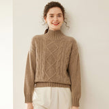 Womens Diamond Knit Cashmere Sweater Turtleneck Cashmere Pullover Taupe XS