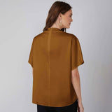 Womens Elegant 100% Mulberry Silk Blouse Short Sleeves Draped Neck Top - slipintosoft