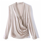 Womens Long Sleeves Loose Wrap Silk Blouse - slipintosoft