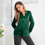 Women's Silk Blouse Lady Lapel Silk Shirt Office Work Long Sleeve Silk Shirt Tops - slipintosoft