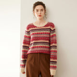 Womens Fair Isle Cashmere Knit Sweater Crew Neck Cashmere Pullover Claret XS