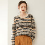 Womens Fair Isle Cashmere Knit Sweater Crew Neck Cashmere Pullover Gray XS