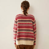 Womens Fair Isle Cashmere Knit Sweater Crew Neck Cashmere Pullover Claret XS