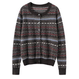 Womens Fair Isle Pure Cashmere Cardigan Crew Neck Button Up Cashmere Sweater Brown XS