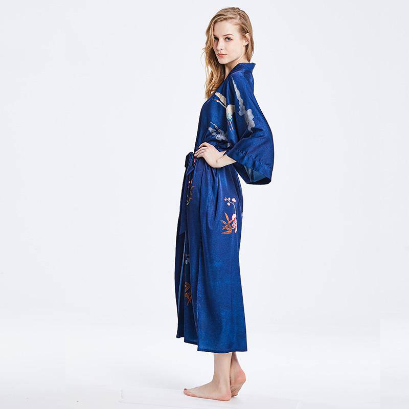 Long 100% Silk Kimono Robe Dark Blue Floral Printed  Women High Waist  Elegant Sleepwear Fancy Night Wears All Sizes -  slipintosoft