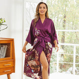 Women's Long Silk Kimono Robe Flower Print Pure Silk Robes - slipintosoft