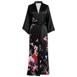 Women's Long Purple Silk Kimono Robe with Sash Colorful Blossoms and Butterflies Paints All Sizes - slipintosoft